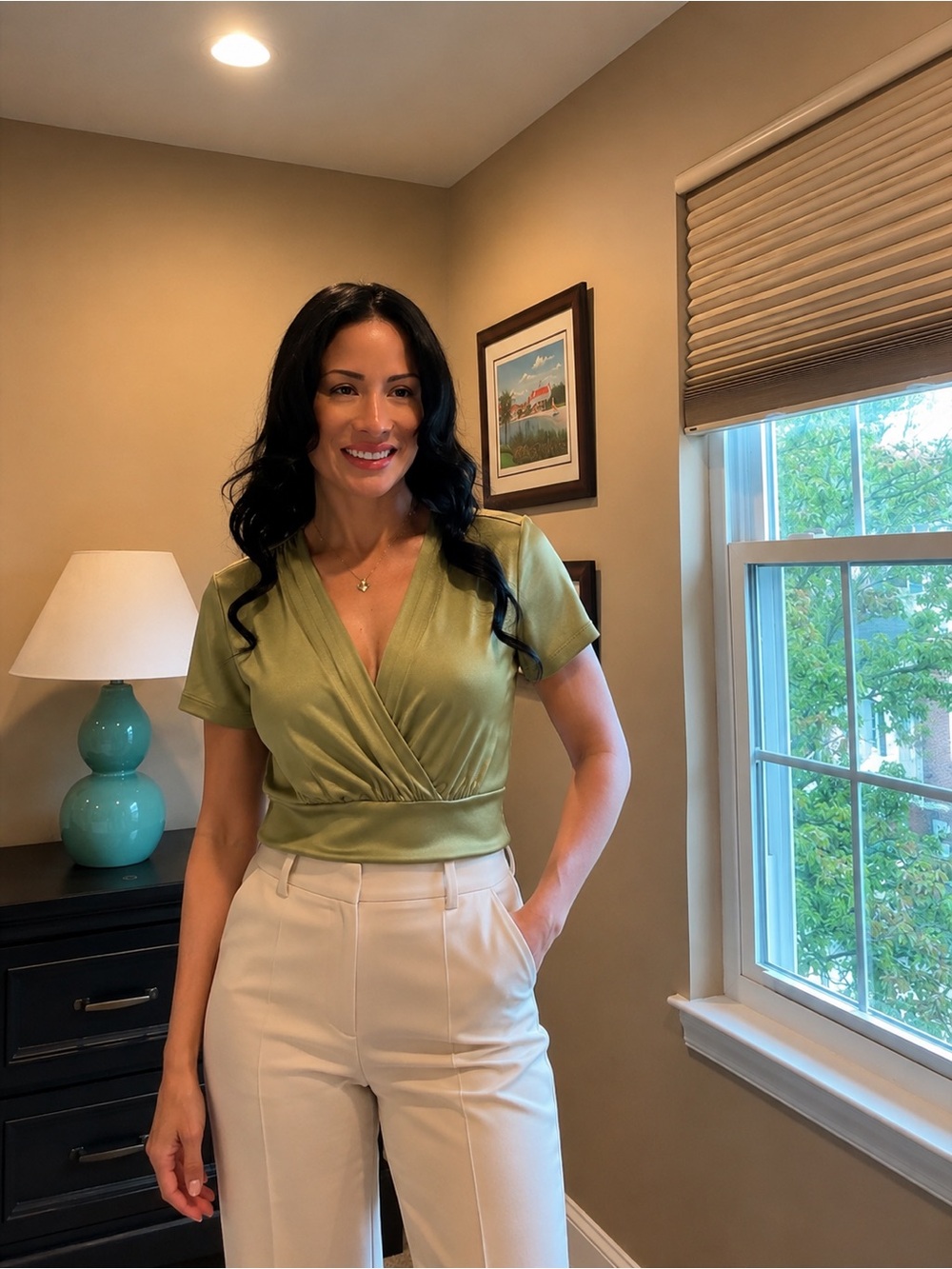Ann Taylor Olive Green Wrap-Front Short Sleeve Top